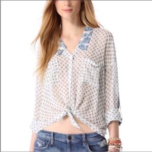 Free People Easy Rider Semi Sheer Button Down white blue XS
